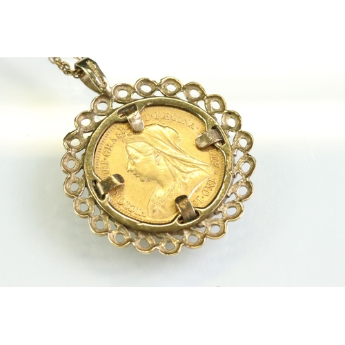 27 - Half sovereign coin pendant necklace, Victoria dated 1899, 9ct gold mount and 9ct gold rope twist ch... 