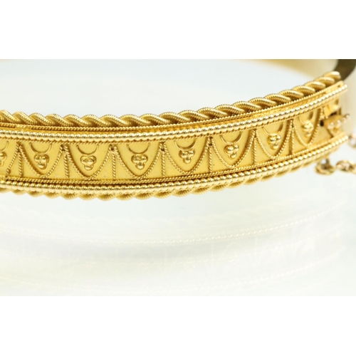 11 - Victorian Etruscan revival 15ct yellow gold hinged bangle, rope twist and granulation detailing, wid... 