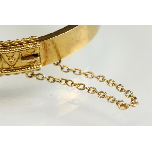 11 - Victorian Etruscan revival 15ct yellow gold hinged bangle, rope twist and granulation detailing, wid... 