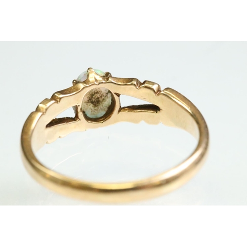 13 - Victorian opal 15ct yellow gold ring, the oval cabochon cut precious white opal displaying yellow, g... 