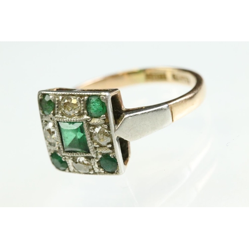 14 - Art Deco emerald and diamond 18ct yellow gold and platinum set ring, the square head set with square... 