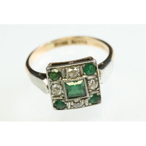 14 - Art Deco emerald and diamond 18ct yellow gold and platinum set ring, the square head set with square... 