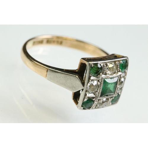 14 - Art Deco emerald and diamond 18ct yellow gold and platinum set ring, the square head set with square... 