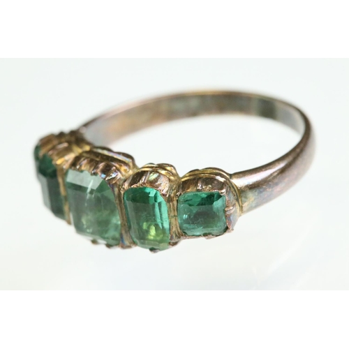18 - 19th century green stone rose metal five stone ring, five graduated step mixed cut green stones, pos... 
