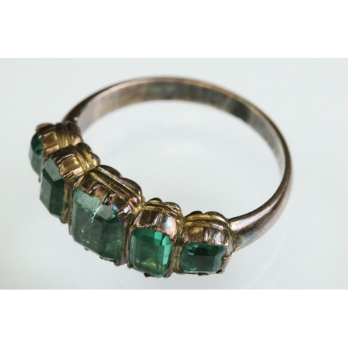 18 - 19th century green stone rose metal five stone ring, five graduated step mixed cut green stones, pos... 