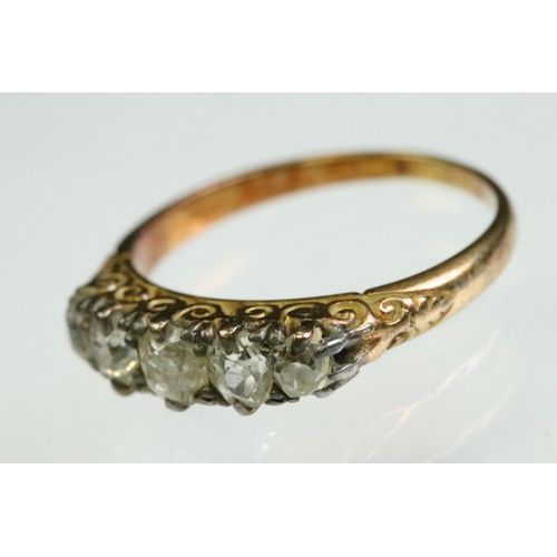 32 - Victorian diamond unmarked yellow gold five stone ring, five graduated old cushion cut diamonds, sil... 
