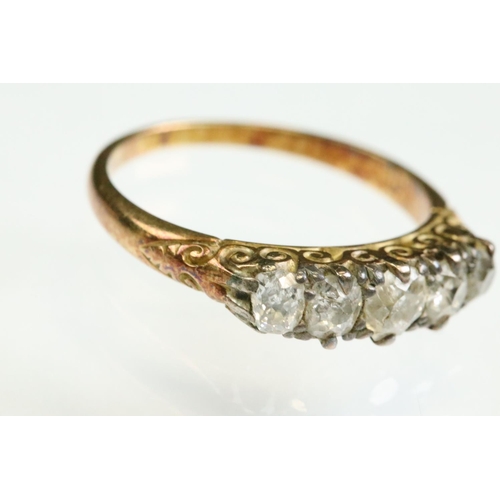 32 - Victorian diamond unmarked yellow gold five stone ring, five graduated old cushion cut diamonds, sil... 
