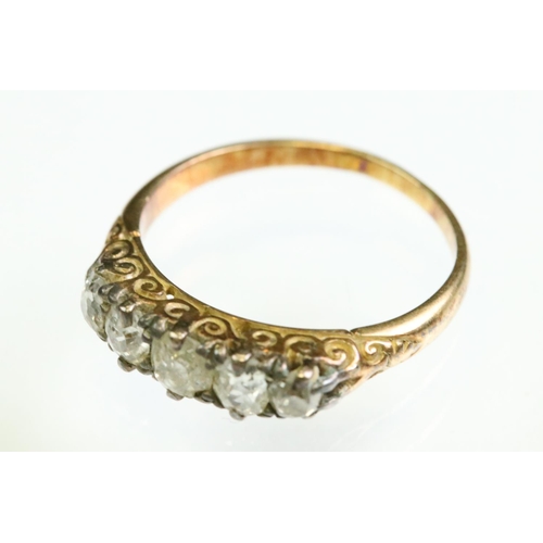 32 - Victorian diamond unmarked yellow gold five stone ring, five graduated old cushion cut diamonds, sil... 