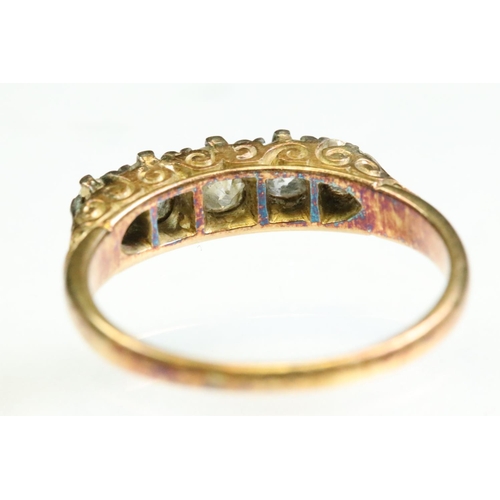 32 - Victorian diamond unmarked yellow gold five stone ring, five graduated old cushion cut diamonds, sil... 