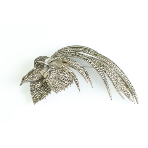34 - Marcasite white metal exotic bird brooch, the body, wings and tail feathers set with rose cut diamon... 