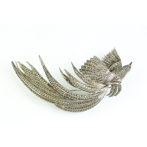 34 - Marcasite white metal exotic bird brooch, the body, wings and tail feathers set with rose cut diamon... 
