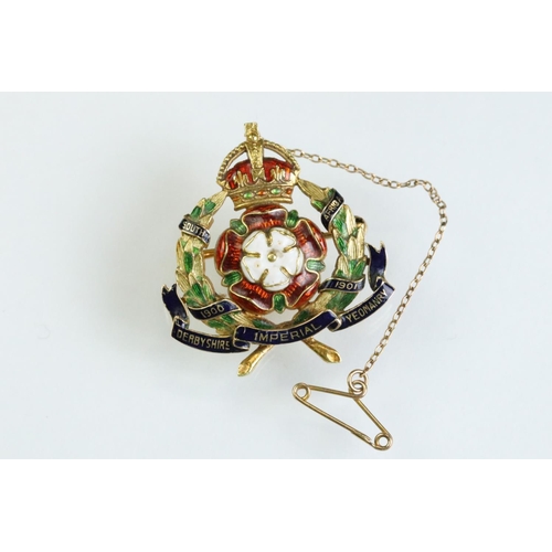 40 - Early 20th century enamelled Derbyshire Imperial Yeomanry unmarked yellow gold brooch, the wreath wi... 