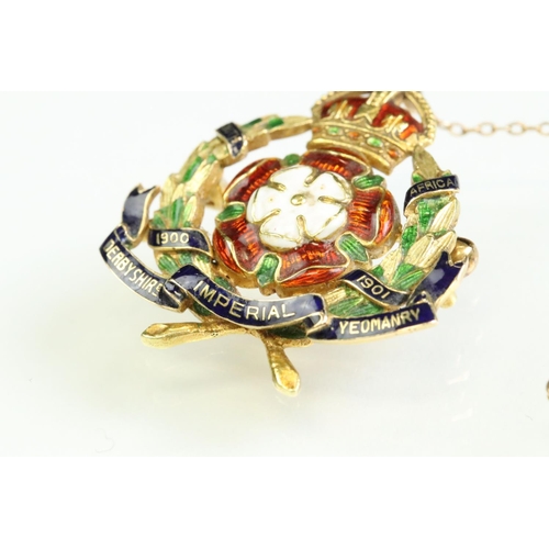40 - Early 20th century enamelled Derbyshire Imperial Yeomanry unmarked yellow gold brooch, the wreath wi... 