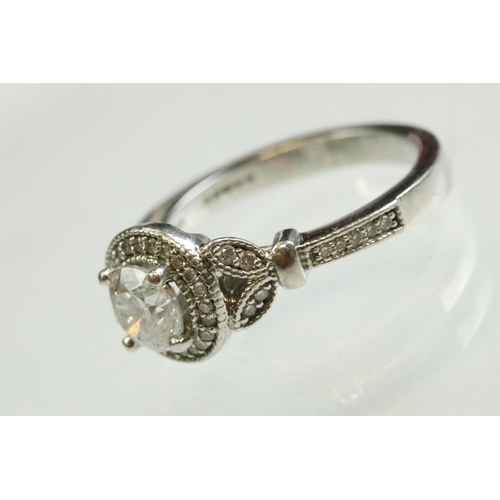 43 - Diamond platinum ring, the principal round brilliant cut diamond weighing approx 0.85 carat, claw se... 