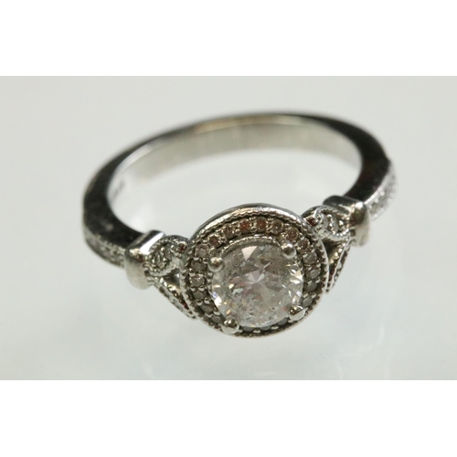 43 - Diamond platinum ring, the principal round brilliant cut diamond weighing approx 0.85 carat, claw se... 