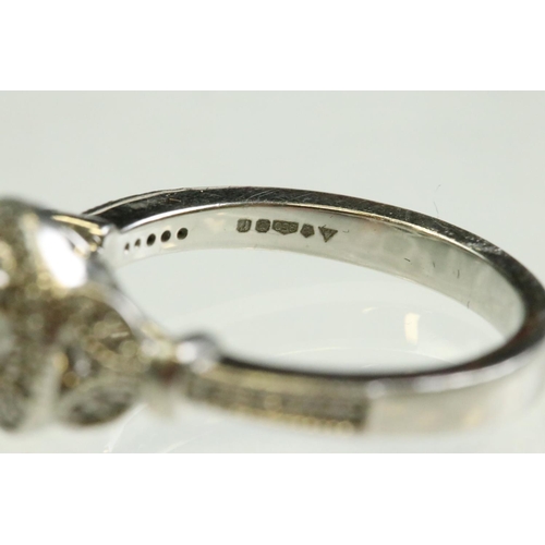 43 - Diamond platinum ring, the principal round brilliant cut diamond weighing approx 0.85 carat, claw se... 