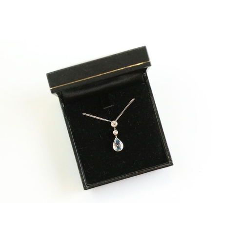 44 - Aquamarine and diamond 18ct white gold pendant necklace, the pearl shaped aquamarine measuring appro... 