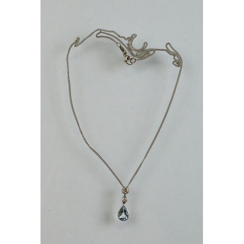 44 - Aquamarine and diamond 18ct white gold pendant necklace, the pearl shaped aquamarine measuring appro... 