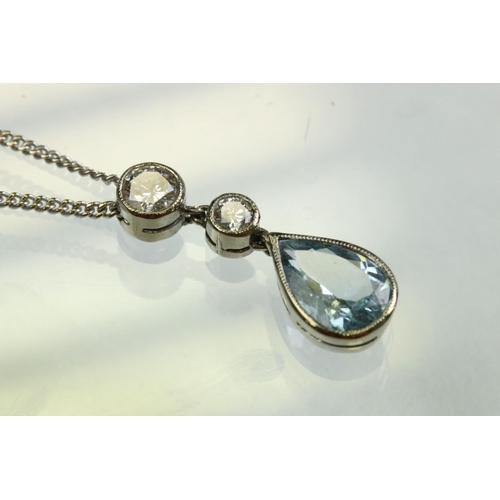44 - Aquamarine and diamond 18ct white gold pendant necklace, the pearl shaped aquamarine measuring appro... 