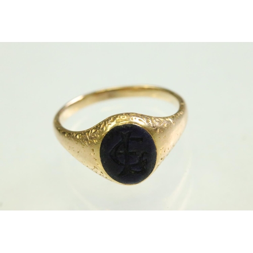 46 - Mid 19th century lapis lazuli unmarked yellow gold signet ring, the oval lapis lazuli panel measurin... 