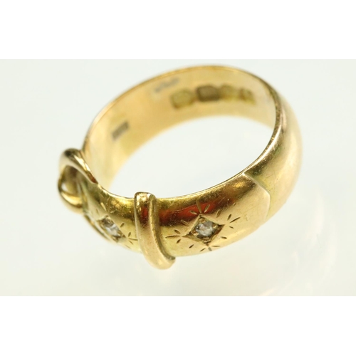 50A - Late Victorian diamond 18ct yellow gold buckle ring, two small round old eight cut diamonds, flush b... 