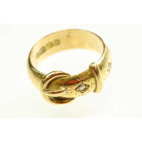 50A - Late Victorian diamond 18ct yellow gold buckle ring, two small round old eight cut diamonds, flush b... 