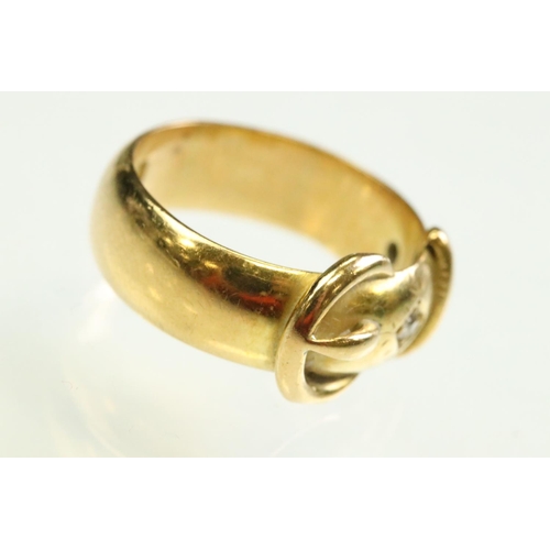 50A - Late Victorian diamond 18ct yellow gold buckle ring, two small round old eight cut diamonds, flush b... 