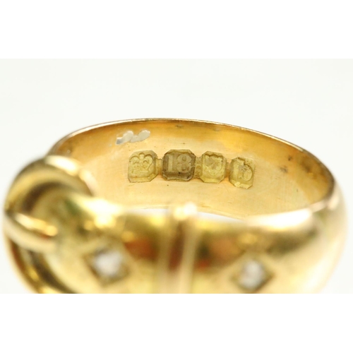 50A - Late Victorian diamond 18ct yellow gold buckle ring, two small round old eight cut diamonds, flush b... 