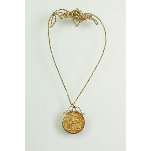 52 - Full sovereign coin pendant necklace, Edward VII dated 1908, 9ct gold coin mount, 9ct gold belcher l... 