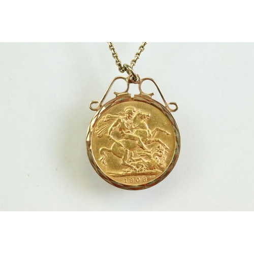 52 - Full sovereign coin pendant necklace, Edward VII dated 1908, 9ct gold coin mount, 9ct gold belcher l... 