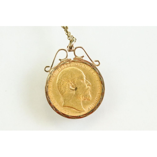 52 - Full sovereign coin pendant necklace, Edward VII dated 1908, 9ct gold coin mount, 9ct gold belcher l... 