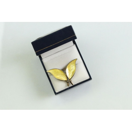 57 - David Andersen Norwegian enamelled silver gilt double leaf brooch, yellow basse-taille enamel, fully... 