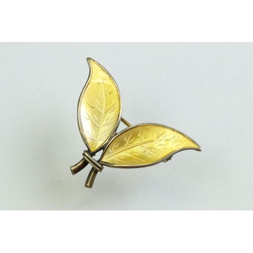 57 - David Andersen Norwegian enamelled silver gilt double leaf brooch, yellow basse-taille enamel, fully... 