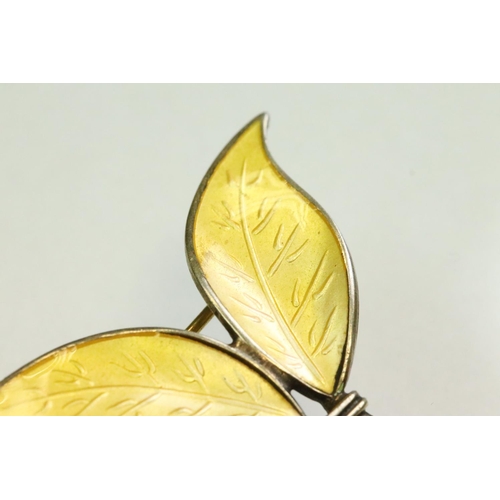 57 - David Andersen Norwegian enamelled silver gilt double leaf brooch, yellow basse-taille enamel, fully... 