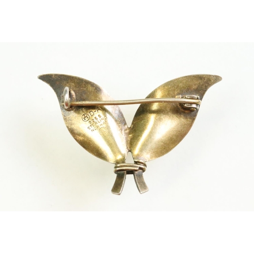 57 - David Andersen Norwegian enamelled silver gilt double leaf brooch, yellow basse-taille enamel, fully... 