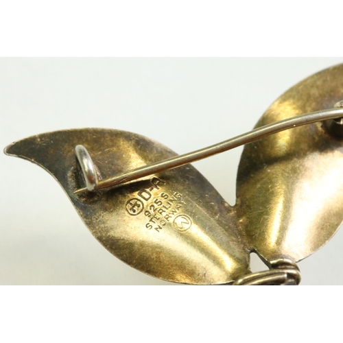 57 - David Andersen Norwegian enamelled silver gilt double leaf brooch, yellow basse-taille enamel, fully... 