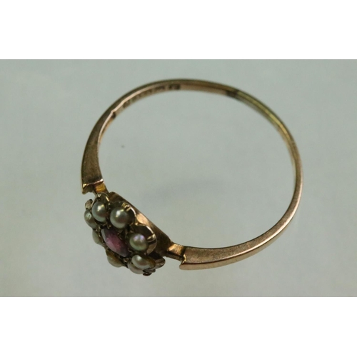 58 - Victorian garnet and pearl 9ct rose gold flower head ring,  pink-purple round mixed cut garnet to th... 