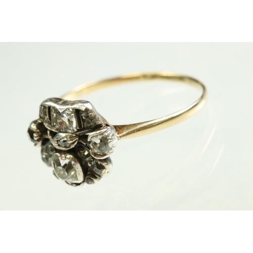 59 - Diamond yellow gold and white metal set giardinetti ring, cushion cut and round old cut diamonds, ru... 