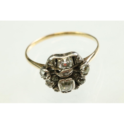 59 - Diamond yellow gold and white metal set giardinetti ring, cushion cut and round old cut diamonds, ru... 