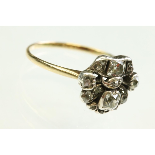 59 - Diamond yellow gold and white metal set giardinetti ring, cushion cut and round old cut diamonds, ru... 