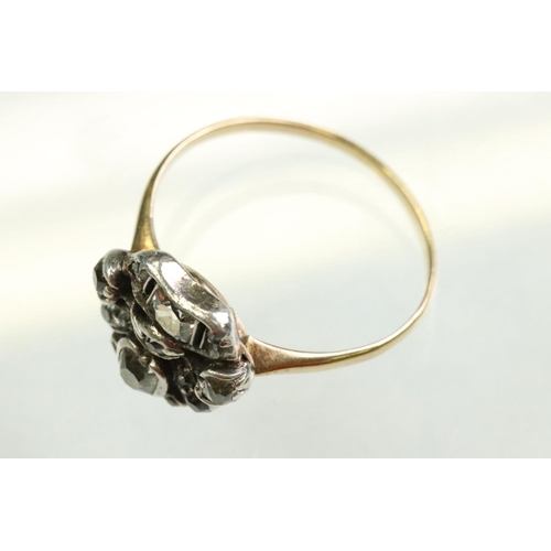 59 - Diamond yellow gold and white metal set giardinetti ring, cushion cut and round old cut diamonds, ru... 