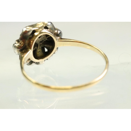 59 - Diamond yellow gold and white metal set giardinetti ring, cushion cut and round old cut diamonds, ru... 