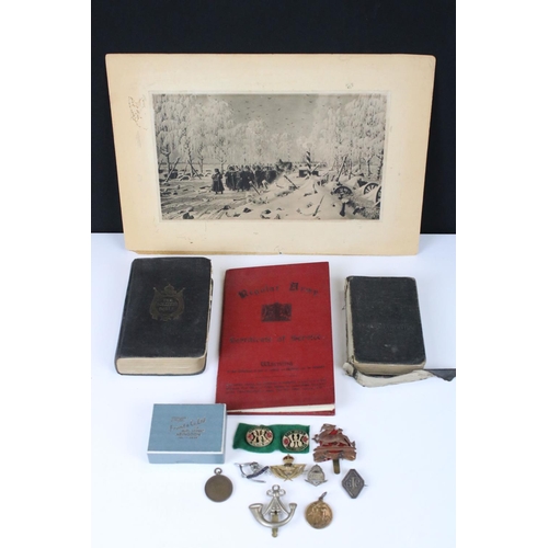 52 - A Group Of Mixed Military Collectables To Include A British Army Service Book, Badges, Bibles And A ... 