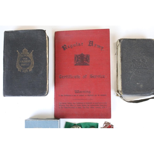 52 - A Group Of Mixed Military Collectables To Include A British Army Service Book, Badges, Bibles And A ... 