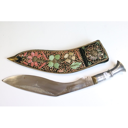 56 - An Indian Kukri knife With Aluminium Handle and Decorative Embroidered Scabbard.