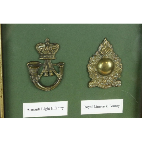 170 - A Framed And Glazed Collection Of Eight British Military Cap Badges To Include The Queens County Rif... 