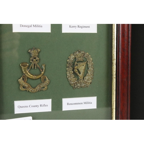 170 - A Framed And Glazed Collection Of Eight British Military Cap Badges To Include The Queens County Rif... 