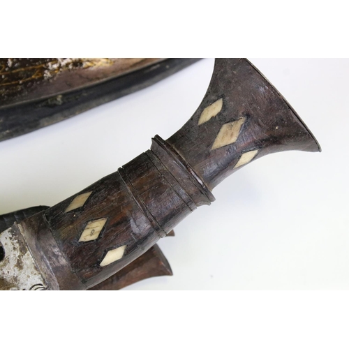 149 - A Pair Of Gurka Kukri Knives With Inlayed Wooden Grips, Complete With Original Scabbards.