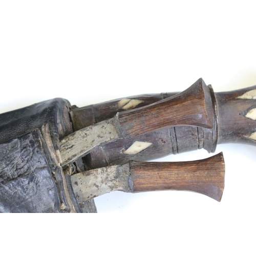 149 - A Pair Of Gurka Kukri Knives With Inlayed Wooden Grips, Complete With Original Scabbards.