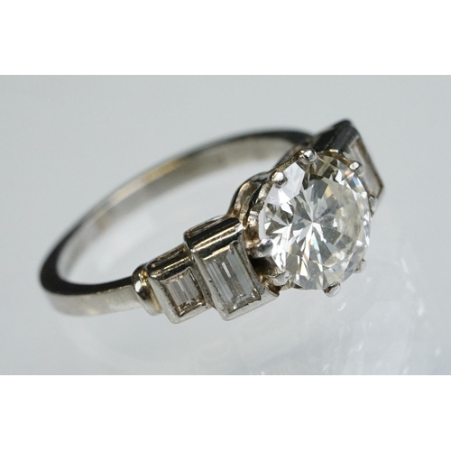 3 - Art Deco diamond platinum ring, the central round brilliant cut diamond weighing approx 1.75 carats,... 